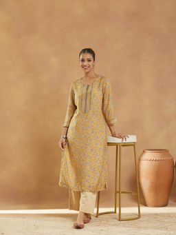 Fabindia - Yellow Rayon Blend Printed Long Kurta