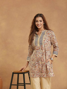 Fabindia - Beige Cotton Kalamkari Printed Slim Fit Kurti
