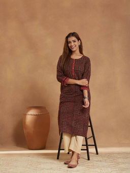 Fabindia - Maroon Cotton Bagru Printed Long Kurta