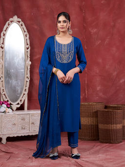 MOKOSH - Chinon Zardosi Embroidered Blue Kurta & Pant With Matching Dupatta