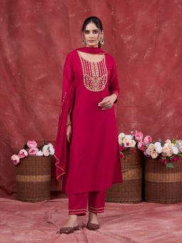 MOKOSH - Chinon Zardosi Embroidered Rani Pink Kurta & Pant With Matching Dupatta