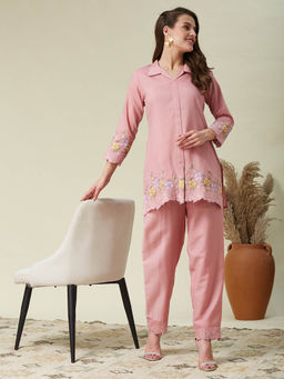 MOKOSH - Chinon Embroidered Pink Collar Neck Ethnic Kurta & Pant