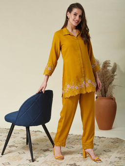 MOKOSH - Chinon Embroidered Mustard Collar Neck Ethnic Kurta & Pant
