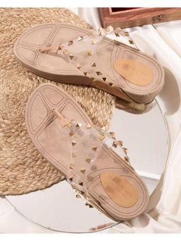 DA NAPPA - Beige Suede Spike T-Strap Flats