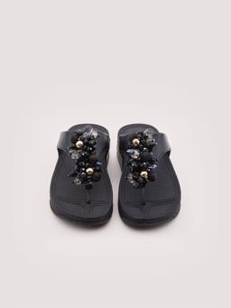 DA NAPPA - Black Veloura Jewel T-Strap Flats