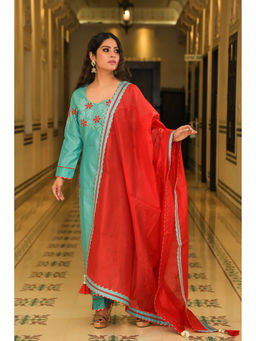 Indian Virasat - Juniper Green Embroidered Suit With Sangria Dupatta (Set of 3)