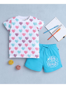 Bumzee - White Girls Half Sleeves T-Shirt & Shorts (Set of 2)