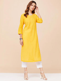 Fabindia - Yellow Cotton Calf Length Long Kurta