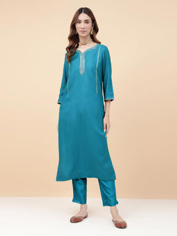 Fabindia - Blue Viscose Silk Embroidered Long Kurta