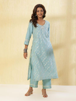 Fabindia - Blue Cotton Silk Blend Cutwork Kurta (Set of 2)