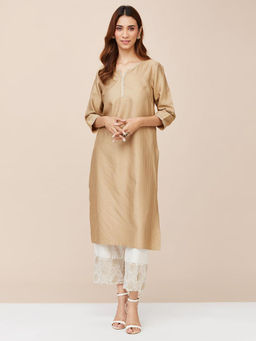 Fabindia - Beige Viscose Silk Embroidered Long Kurta