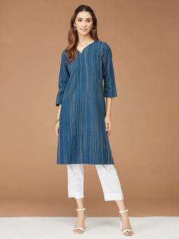 Fabindia - Blue Wool Woven Knee Length Kurta
