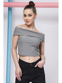 KASSUALLY - Grey Off Shoulder Solid Bardot Crop Top