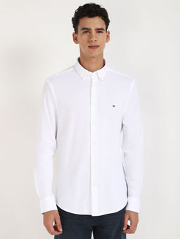 Tommy Hilfiger - White Solid Slim-Fit Cotton Shirt