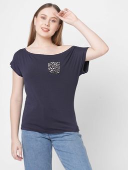 MISH - Navy Drop Shoulder Embellished Pocket T-Shirt