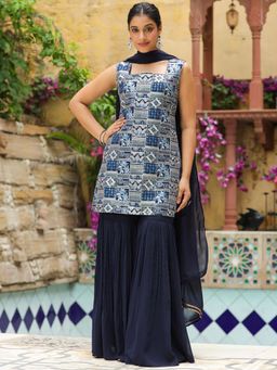 Janasya - Women'S Navy Blue Embroidered Straight Kurta with Sharara and Dupatta (Set of 3)