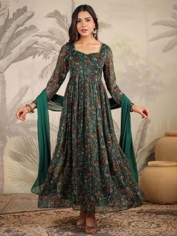Janasya - Women'S Dark Green Chiffon Floral Printed Anarkali with Dupatta (Set of 2)