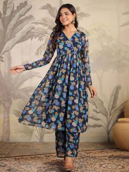 Janasya - Women'S Dark Blue Georgette Floral Printed Flared Kurta with Pant (Set of 2)