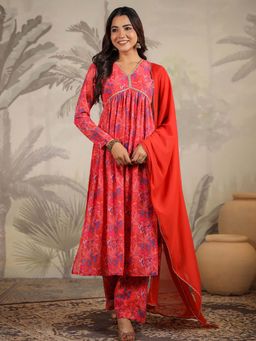 Janasya - Women'S Red Floral Printed A-Line Kurta with Pant and Dupatta (Set of 3)
