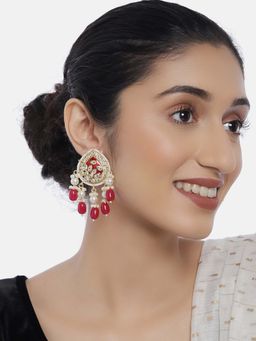 Laida - Maroon Gold-Plated Kundan-Studded Teardrop Shaped Drop Earrings