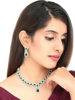 Yellow Chimes - Silver-Plated Green And American Stone Studded Jewellery (Set of 2)