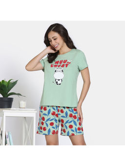 Zivame - Women Quiet Green Printed Knit Cotton T-Shirt with Shorts