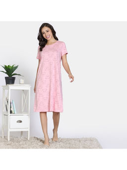 Zivame - Women Pink Knit Cotton Mid Length Nightdress