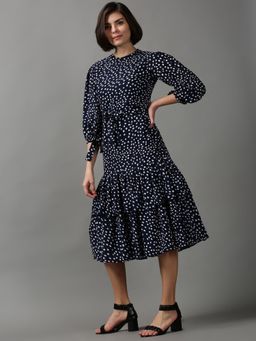 SHOWOFF - Womens High Neck Polka Dots Navy Blue Midi Dress (Set of 2)