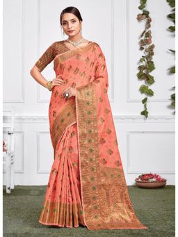 Sangam Prints - Peach Floral Woven Work Traditional Saree with Unstitched Blouse