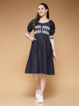 Indibelle - Women Denim Geometric Printed Navy Blue Knee Length Dress
