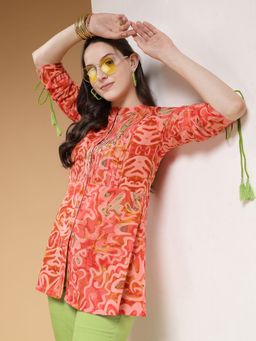 Indibelle - Women Cotton Abstract Printed Red Kurti