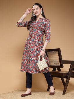 Indibelle - Women Cotton Floral Printed Multi-Color Kurta