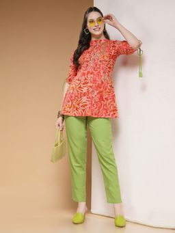 Indibelle - Women Cotton Abstract Printed Red Kurti with Pant (Set of 2)