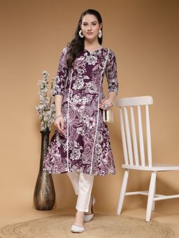 Indibelle - Women Cotton Floral Printed Purple Kurta with Pant (Set of 2)