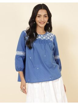 Fabindia - Blue Cotton Chikankari Top
