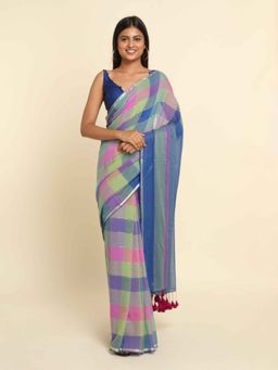 Suta - Multi-Color Checks Cotton Blend Saree