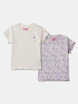 R&B - Cotton Floral Short Sleeve Crew Neck Girls T-Shirt (Pack of 2)