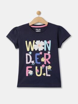R&B - Navy Blue Cotton Graphic Short Sleeve Crew Neck Girls T-Shirt