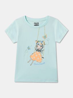 R&B - Blue Cotton Graphic Short Sleeve Crew Neck Girls T-Shirt