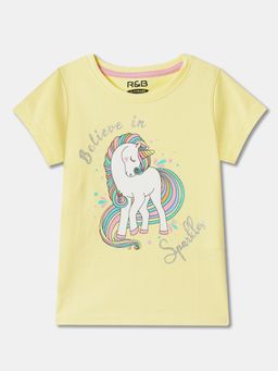 R&B - Yellow Cotton Short Sleeve Crew Neck Girls T-Shirt