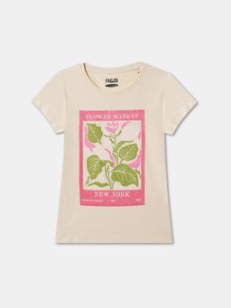 R&B - Beige Cotton Short Sleeve Crew Neck Girls T-Shirt