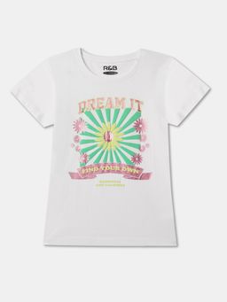 R&B - White Cotton Graphic Short Sleeve Crew Neck Girls T-Shirt