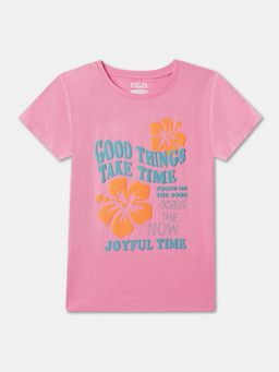 R&B - Pink Cotton Graphic Short Sleeve Crew Neck Girls T-Shirt