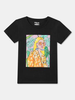 R&B - Black Cotton Graphic Short Sleeve Crew Neck Girls T-Shirt