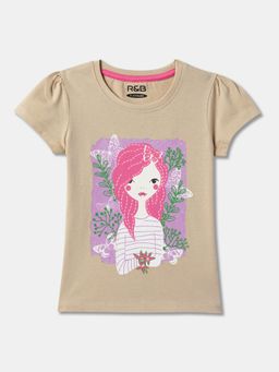 R&B - Beige Cotton Graphic Short Sleeve Crew Neck Girls T-Shirt