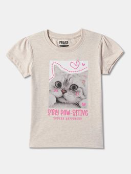 R&B - Beige Cotton Short Sleeve Crew Neck Girls T-Shirt