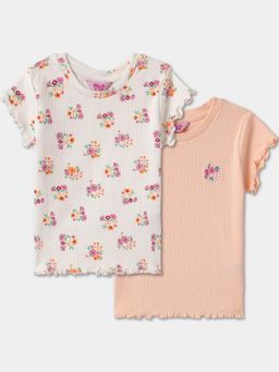 R&B - Cotton Floral Short Sleeve Crew Neck Girls T-Shirt (Pack Of 2)