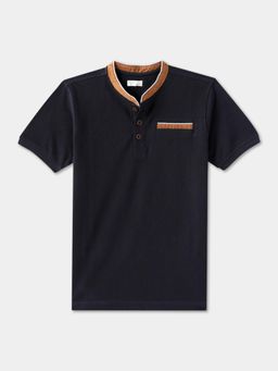 R&B - Navy Blue Short Sleeve Henley Neck Boys Polo T-Shirt
