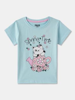 R&B - Blue Cotton Short Sleeve Crew Neck Girls T-Shirt