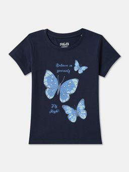 R&B - Navy Blue Cotton Short Sleeve Crew Neck Girls T-Shirt